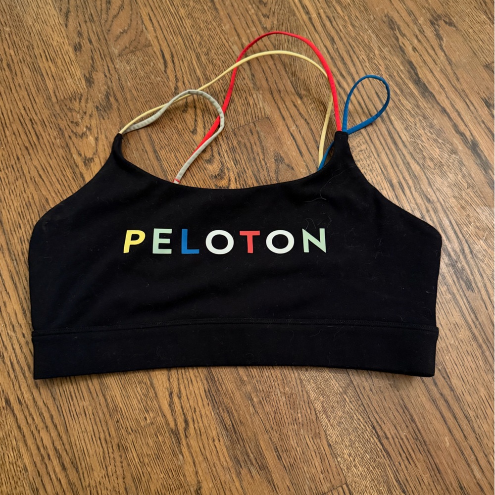 Peloton black sports bra with Colorful Logo & Straps, M